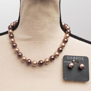 Chocolate mauve choker length faux pearls & earring set George